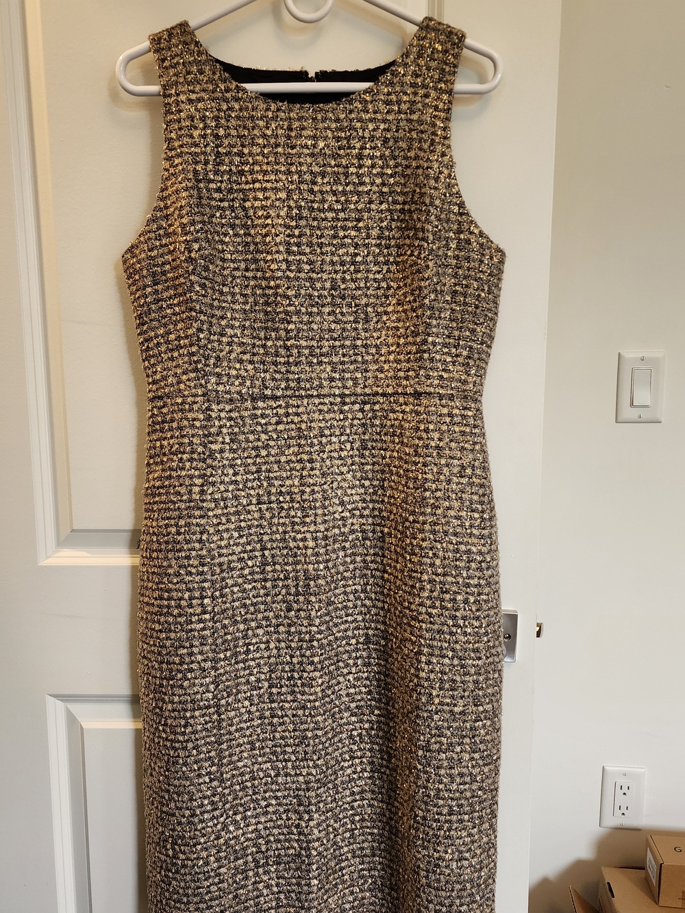 J. Crew Black, Gold Sparkly, and Cream Tweed Midi Shift Dress